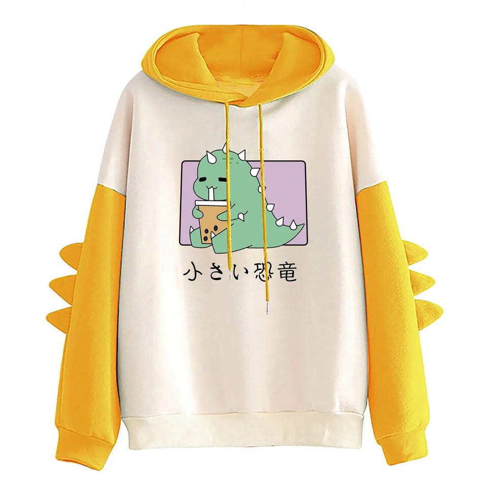 Winter Cute Dinosaur Cartoon Hoodie Women Fashion Sweatshirt Casual Print Long Sleeve Korean Style Splice Tops Kawaii Clothes