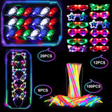 138pcs/Set Glowing Festival Party Kit - Includes 100 Glow Sticks, 12 Pairs of Neon Glasses, 20 Finger Lights, 6 Headbands, Chris