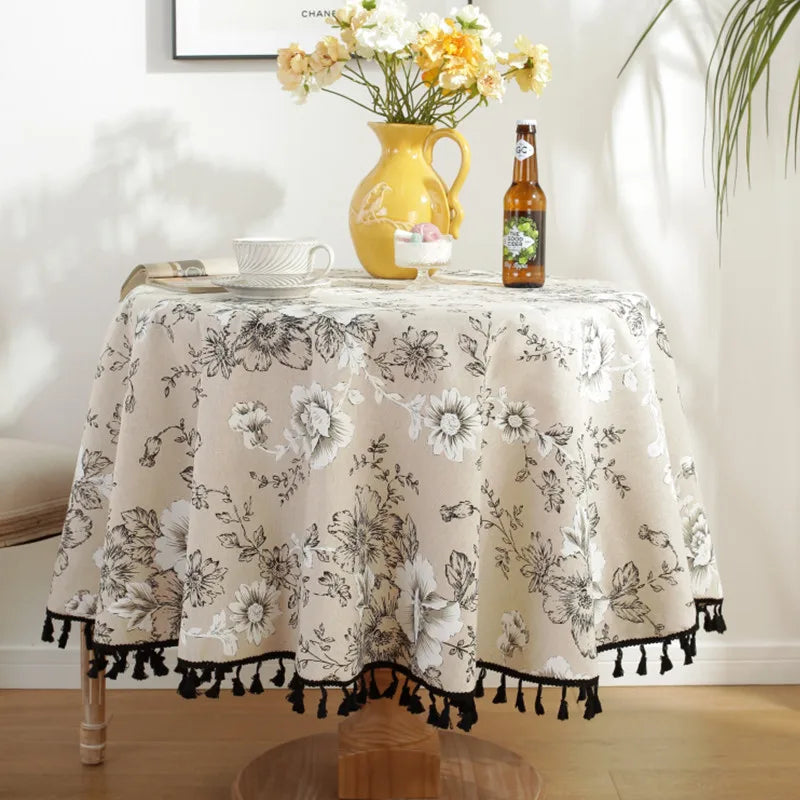 Cotton Linen Nodic Pastoral Black Peonies Black Tassel 150cm Round Tablecloth for Coffee Tables Table Cover Round Table Cloth