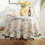Cotton Linen Nodic Pastoral Black Peonies Black Tassel 150cm Round Tablecloth for Coffee Tables Table Cover Round Table Cloth