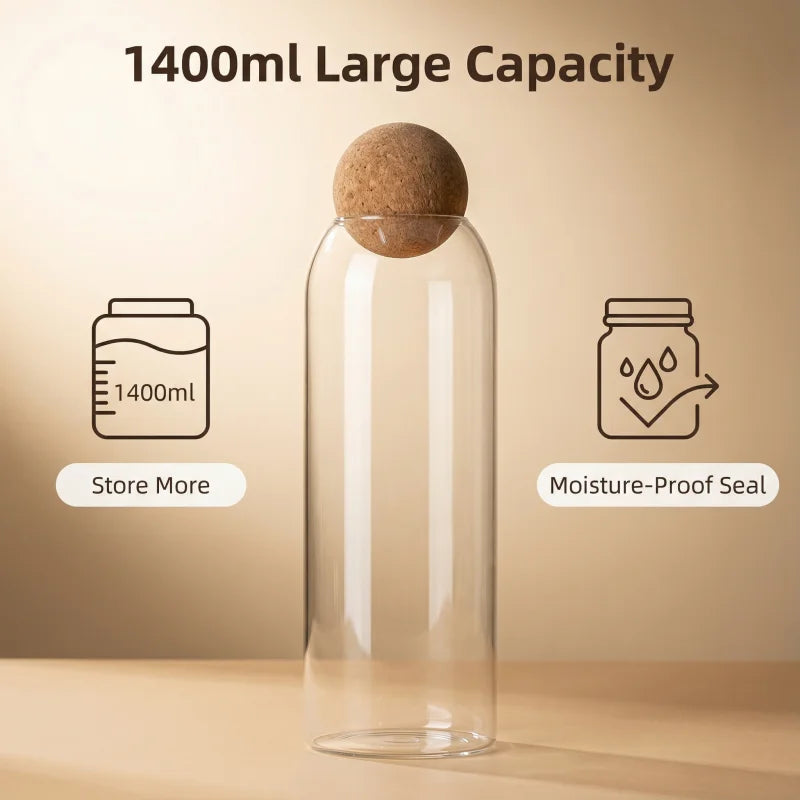 Four size spherical cork transparent glass sealed cans, suitable for storing coffee beans/tea leaves and kitchen storage