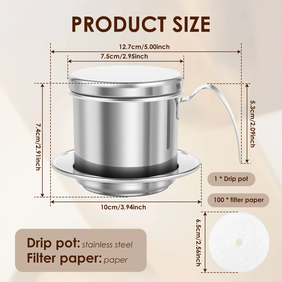 Vietnamese Coffee Filter Stainless Steel Phin Drip Coffee Pot Press Maker with 100pcs Filter Paper for Home Restaurant Travel