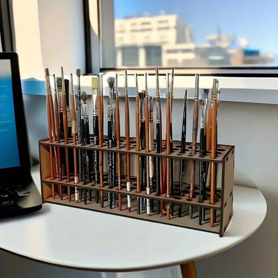 67-Slot Premium Wooden Brush Holder - Durable Artist Desk Organizer, Pencil & Paint Brushes Storage, Elegant Art & Craft Supplies