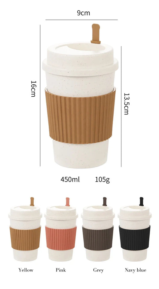 450ML Coffee Cups With Lids Wheat Straw Reusable Portable Coffee Cup Dishwasher Safe Coffee Mug Coffee Tea Travel Cups