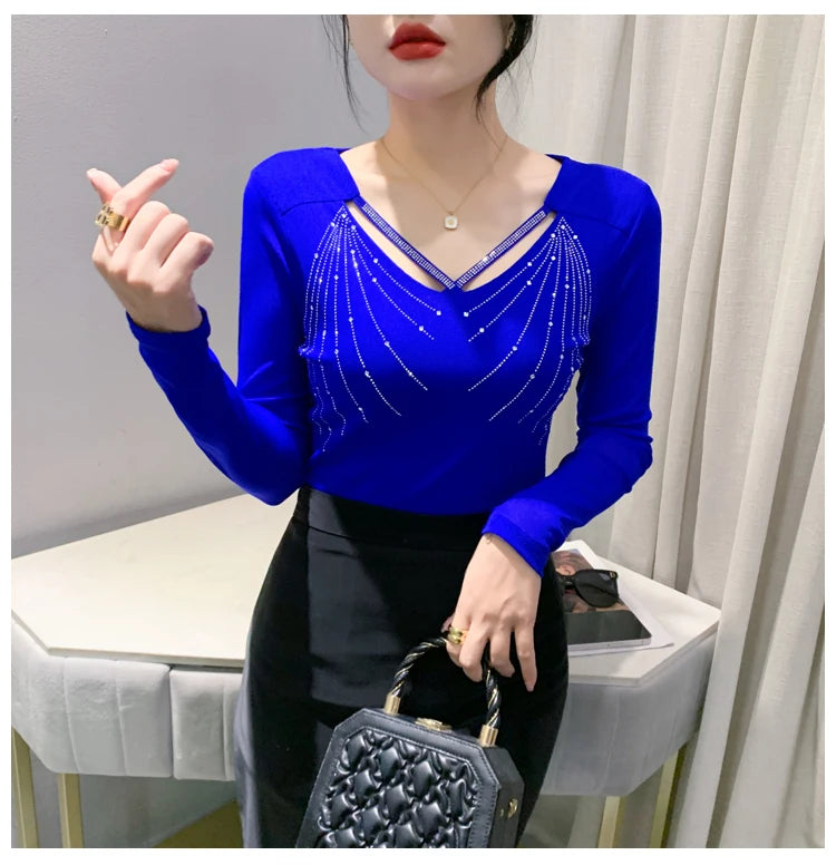 Autumn New Women Mesh Tops Fashion Hollow Out V-Neck Long-Sleeved T-Shirt Classic Shiny Diamonds Bottoming Shirt Elasticity Tees
