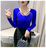 Autumn New Women Mesh Tops Fashion Hollow Out V-Neck Long-Sleeved T-Shirt Classic Shiny Diamonds Bottoming Shirt Elasticity Tees