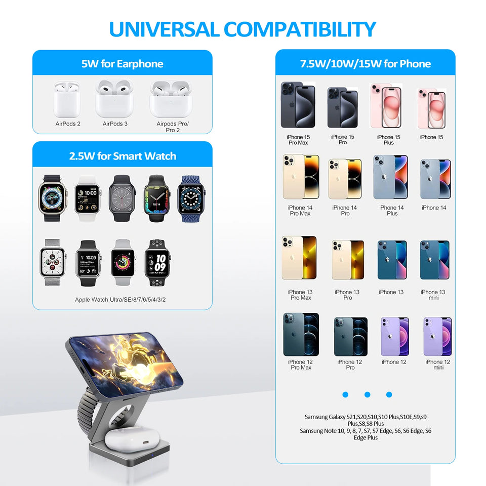 3 In 1 Foldable Magnetic Wireless Charger Stand For iPhone 16 15 14 13 Pro/Max/Plus AirPods 3/2 Station Dock Fast Charger Holder