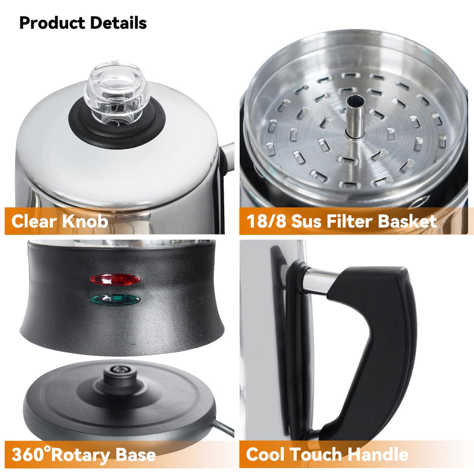 Electric Percolator 1.8L 12Cup Italian Coffee Maker Stainless Steel Quick Heating Reusable Filter Basket Fast Brew Home Office