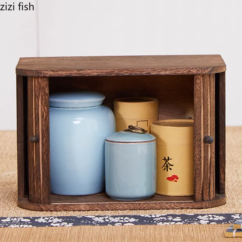 Solid Wood Storage Box Dustproof Display Rack Rolling Shutter Door Tea Cup Storage Rack Cabinet Organizer Desktop Shelf