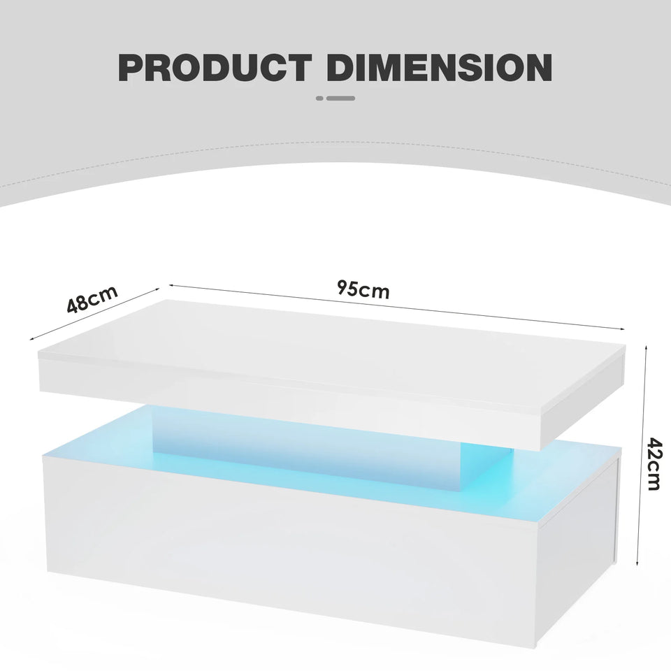 Coffee Table with Storage, White  High Gloss Coffee Table for Living Room with LED RGB Lights 2 Drawer Storage and Open Shelf