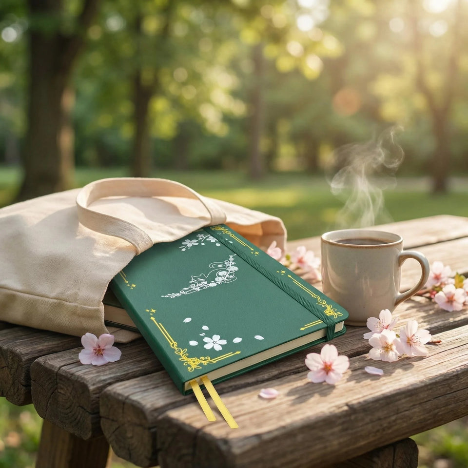 Cat & Cherry Blossom A5 Dot Grid Journal, 160gsm Thick Paper Hardcover Notebook, PU Leather Cover, Gilded Page Edges