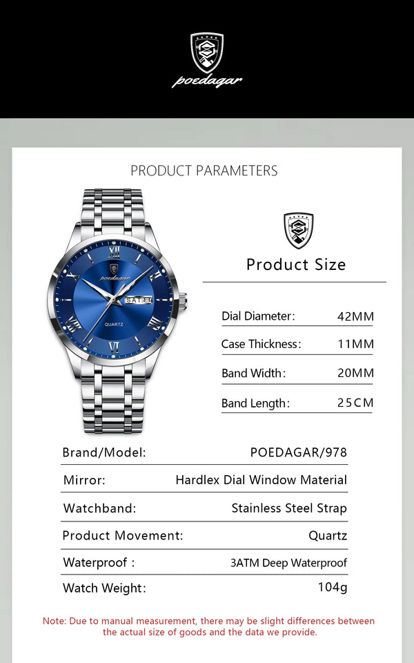 POEDAGAR Luxury Man Clock Waterproof Luminous Week Date Fashion Men's Wristwatch Stainless Steel Business Quartz Watches For Men