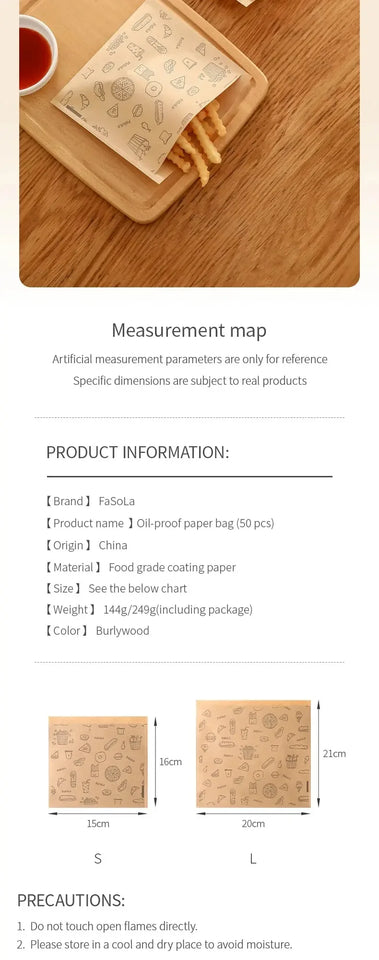50PCS Greaseproof Paper Bag, Kraft Paper Bag, Food Packaging Bag, Disposable Packaging Baking Paper Kitchen Accessories