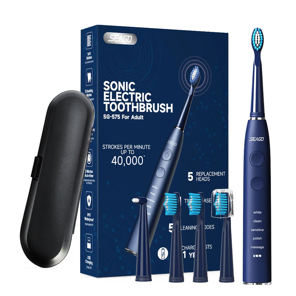 Seago Electric Toothbrush Sonic Toothbrush Once Charge Last about 300 Days 5 Modes 5 Toothbrush Heads 1 Travel Box Teeth Clean