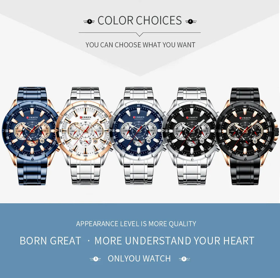 CURREN 8363 Casual Sport Chronograph Men's Watches Stainless Steel Band Wristwatch Big Dial Quartz Clock with Luminous Pointers
