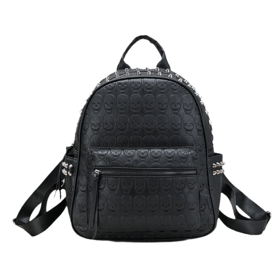 Jierotyx Goth Skull Embossed Backpack for Women Halloween Studded Decor Daypack Punk Style PU Leather Bag Fashion Rivet Travel