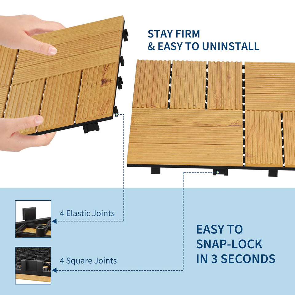 Acacia Wood Connected Deck Tiles for Patio & Outdoor Decor, 12"x12" Firm Weatherproof Non-Slip Wooden Flooring, 22/33 Panels