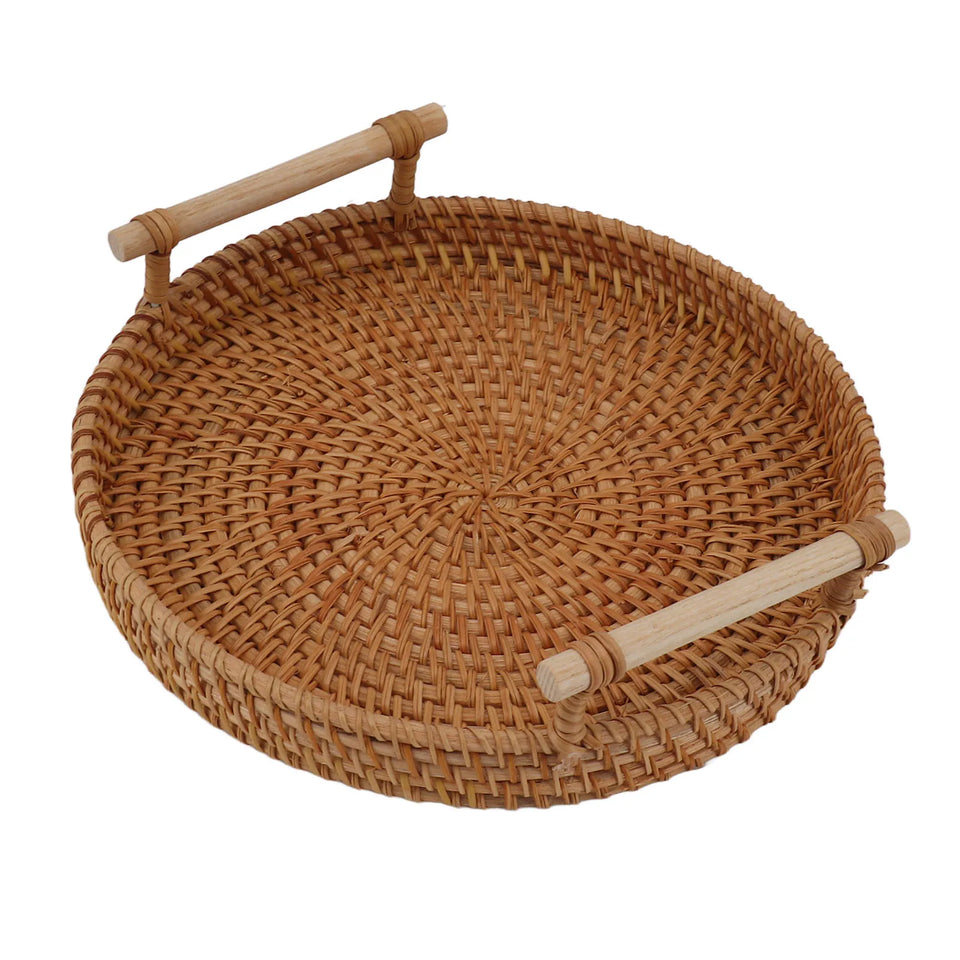Coffee Table Decorative Tray Traditional Design Round Serving Tray with Solid Wood Handle Hand Woven Large Capacity for Home