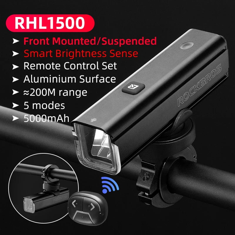 ROCKBROS Bike Light 1500LM 5000mAh Bicycle Light IPX6 Aluminum Type-C Rechargeable Smart Brightness Sense Adjust Cycling Lamp