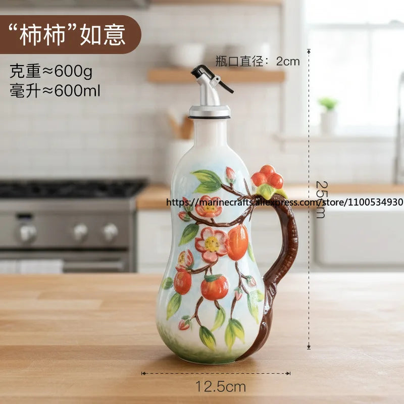 Hand-Painted Ceramic Seasoning Bottle Bird Flower Fruit Soy Sauce Vinegar Oil Bottle Coffee Table Wine Cabinet Decoration