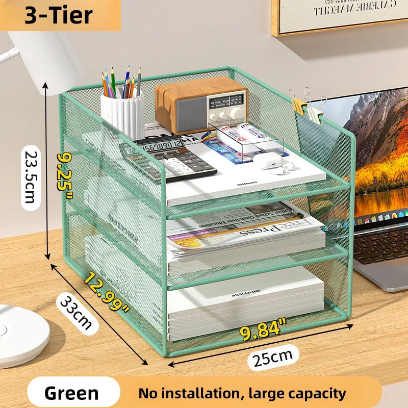 Office File Organizer Capacity Metal Mesh Desk Organizer with Three Layer Design Multifunctional File Holder Paper Storage Rack