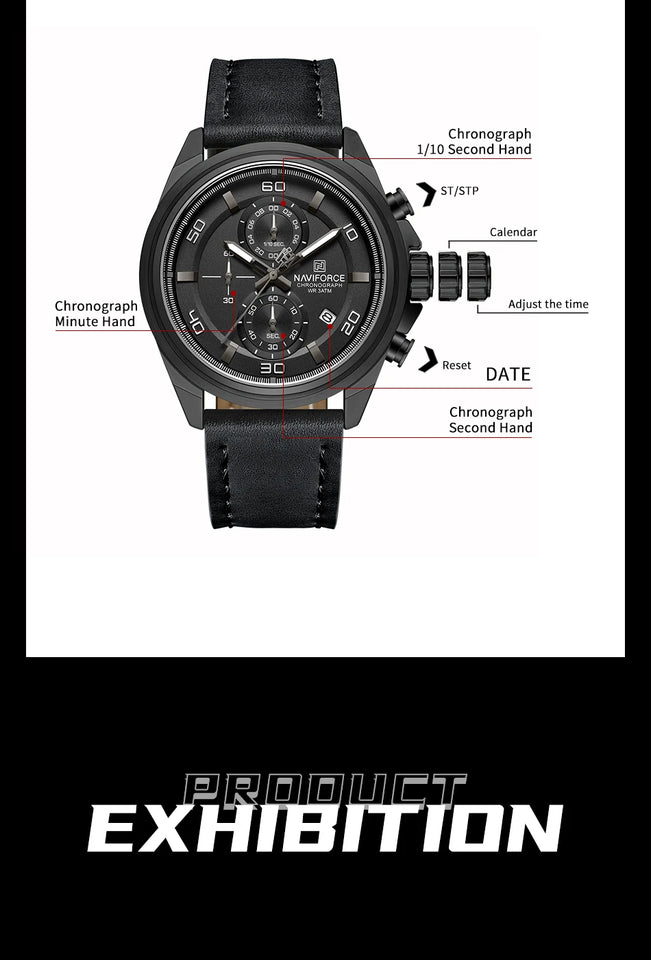 Original NAVIFORCE Business Luxury Leather Strap Men Watches Sports Chronograph Watch for Man 3ATM Waterproof Quartz Wristwatch