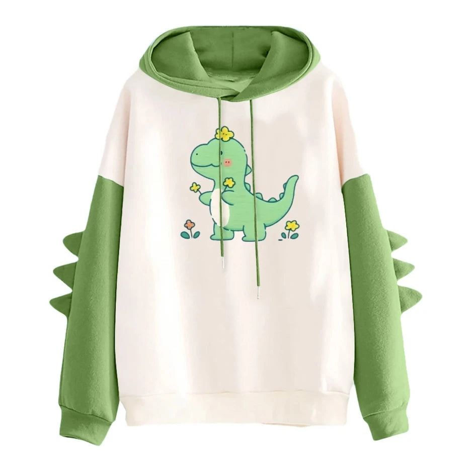 Winter Cute Dinosaur Cartoon Hoodie Women Fashion Sweatshirt Casual Print Long Sleeve Korean Style Splice Tops Kawaii Clothes