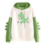 Winter Cute Dinosaur Cartoon Hoodie Women Fashion Sweatshirt Casual Print Long Sleeve Korean Style Splice Tops Kawaii Clothes