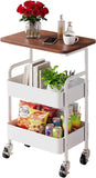 Three-Tier Metal Rolling Multi-Purpose Storage Cart with Walnut Wood Tabletop, Stable and Durable, with Two Lockable Wheels, Suitable for Kitchen, Bathroom, Snacks, Coffee, Crafts, Cosmetics and Baby Products