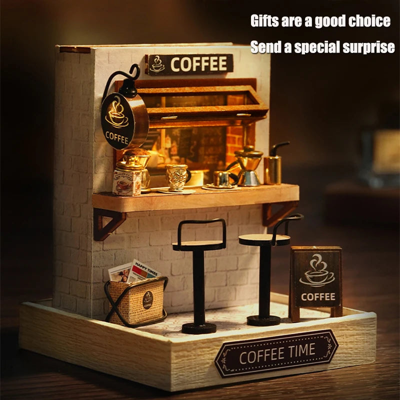 Coffee Shop Wooden Mini Doll House DIY Small House Kit Making And Assembling Room Models Toys For Kid Birthday Gifts Dollhouse