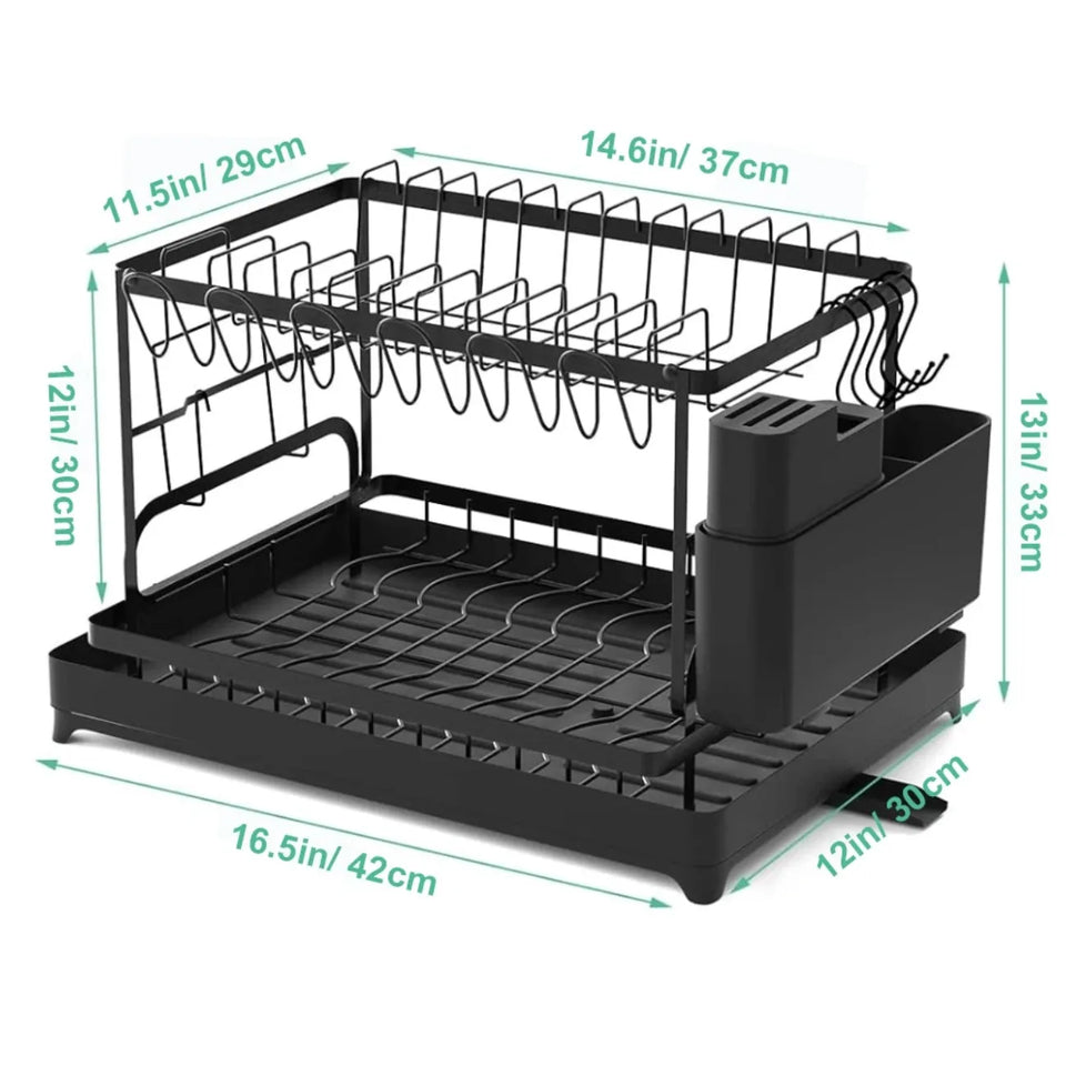 2-Tier Rotating Dish Drying Rack – 360° Swivel Drainboard with Utensil Holder, No-Drill Metal Kitchen Organizer