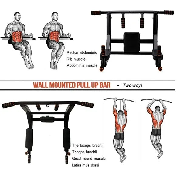 Wall Mounted Pull Up Bar Training Equipment Fitness Dip Stand Supports to 440 Lbs for for Indoor Home Gym Workout