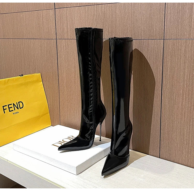 Knee-High Modern Boots Pointy Toe Women Shoes 13cm Ultra Thin Steel High Heels Metal Heel Calf Boots for Women Fun Shoes Size 46