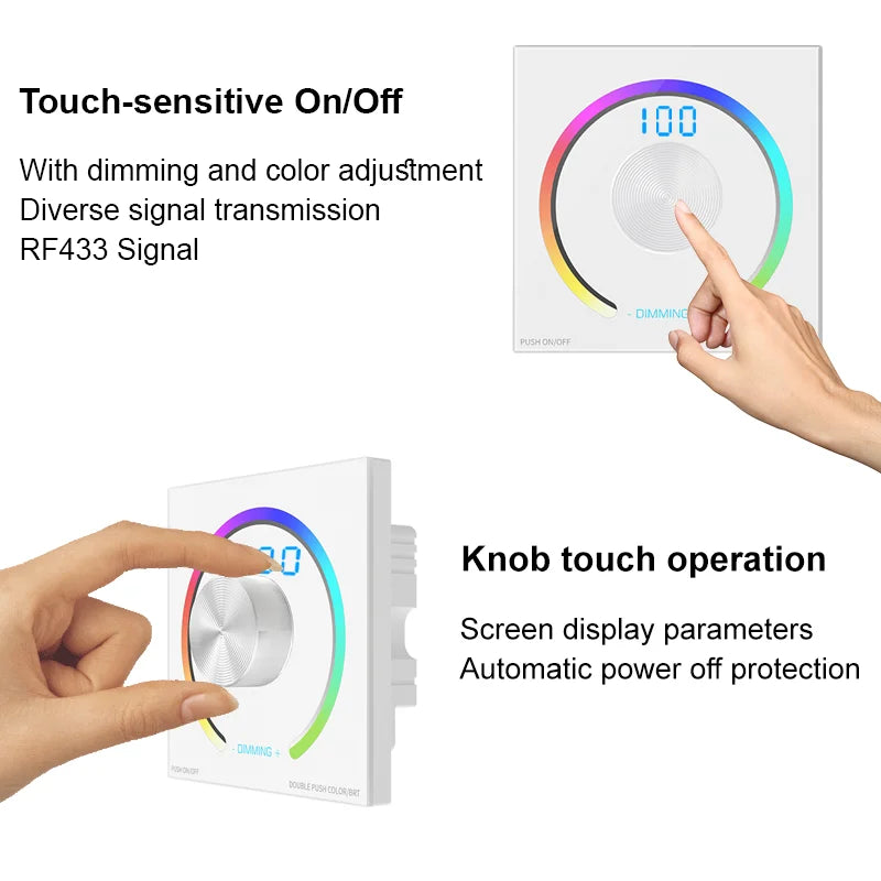 LED Light Strip Wallmount Glass Pannel Touch PWM Controller Dimmer CCT RGB 12V 24V 6A/CH Home Commercial 0-100% Smooth Dimming