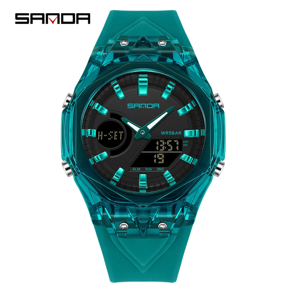 SANDA Top New 6283 Dual Display Multifunctional Student Electronic Watch Alarm Clock Night Light Waterproof Sports Student Watch