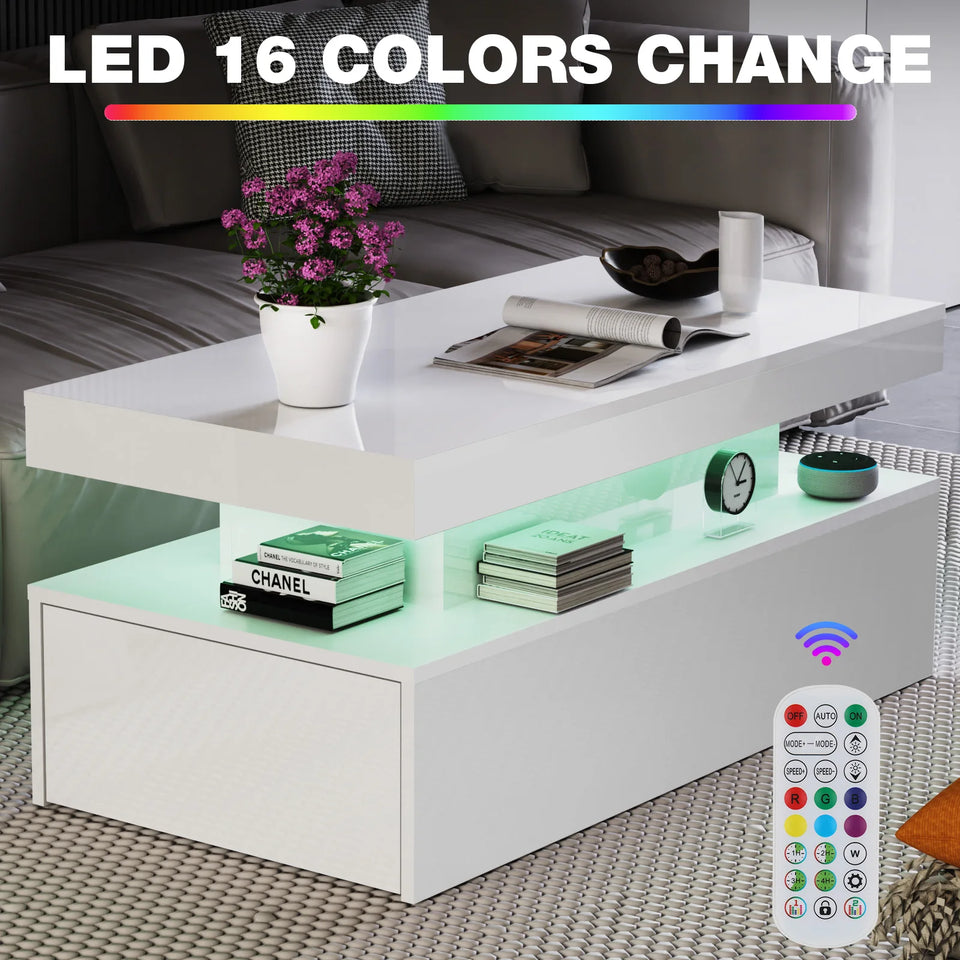 Coffee Table with Storage, White  High Gloss Coffee Table for Living Room with LED RGB Lights 2 Drawer Storage and Open Shelf