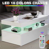 Coffee Table with Storage, White  High Gloss Coffee Table for Living Room with LED RGB Lights 2 Drawer Storage and Open Shelf