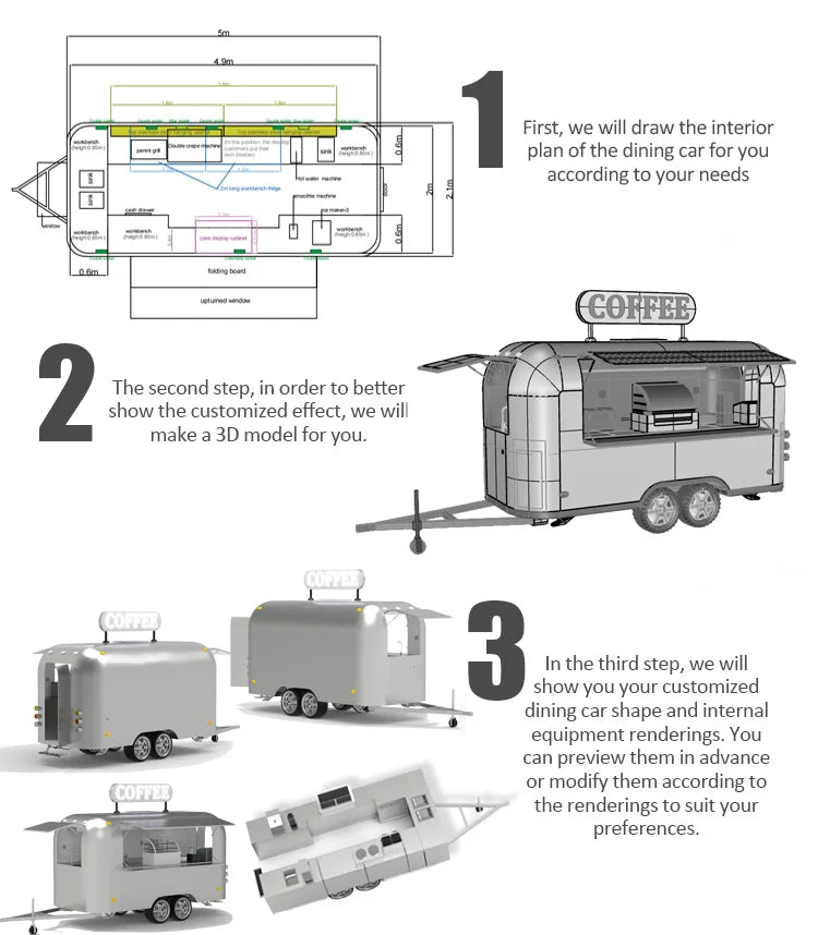 Customized Fast Food Truck Stainless Steel Trailer Full Kitchen Setup for Snacks Hotdogs Candies Chips Ice Cream Business