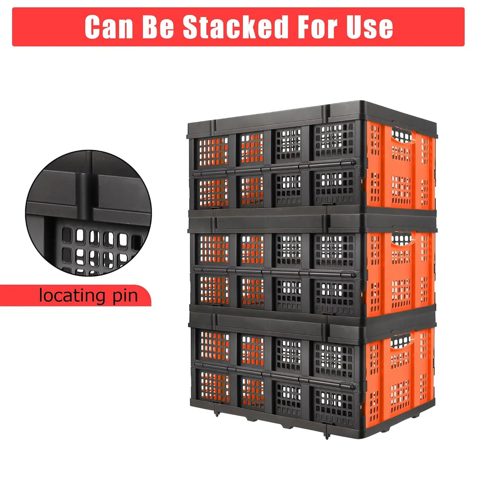 55L Heavy-Duty Collapsible Plastic Crate Foldable Storage Basket with Side Handles, Stackable Design for Food Drinks Books Tools