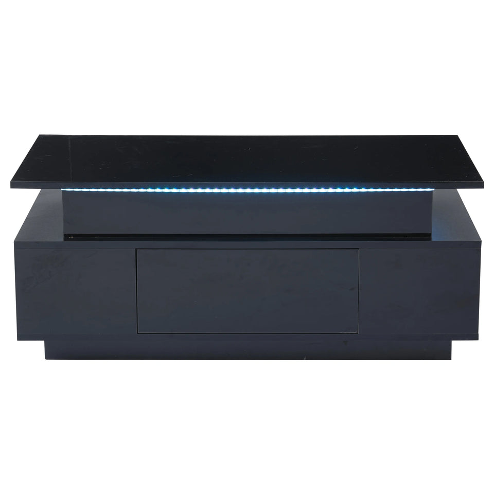 KOMHTOM Black height adjustable coffee table high gloss coffee table with hidden storage, drawer and LED lighting