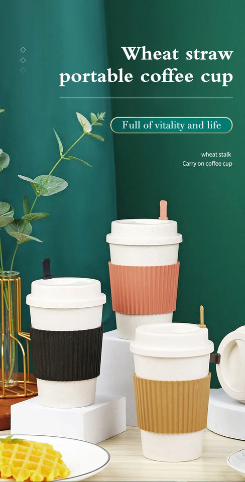 450ML Coffee Cups With Lids Wheat Straw Reusable Portable Coffee Cup Dishwasher Safe Coffee Mug Coffee Tea Travel Cups