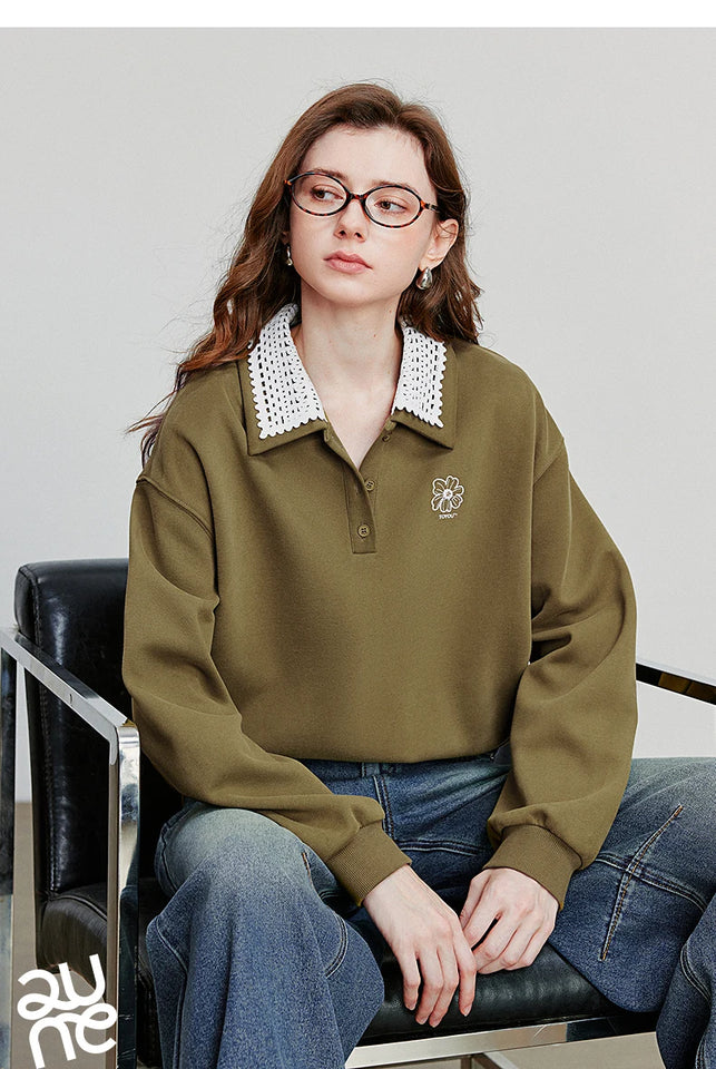 TOYOUTH Women Sweatshirt 2025 Autumn New Green Velvet Embroidery Contrasting Color Splicing Double Layer Collar Pullover Hoodies