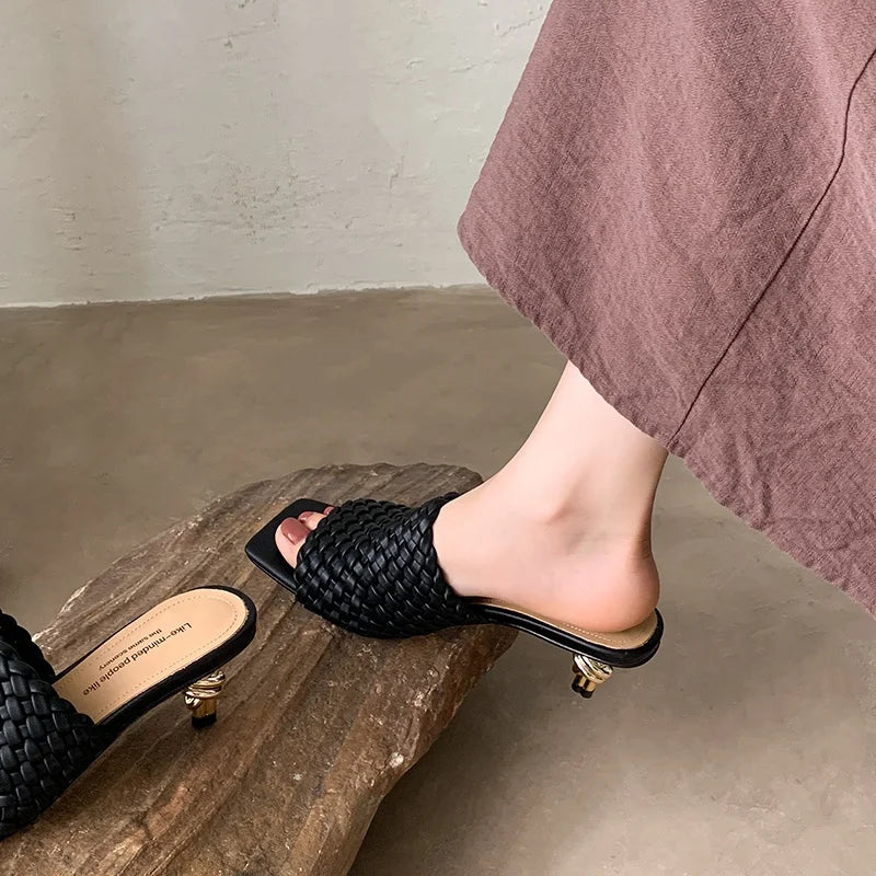 Summer Sandals Women Concise Style Slippers Weave Sandals for Girls Sexy Kitten Heel Elegant Dress Party Wedding  Sandalias