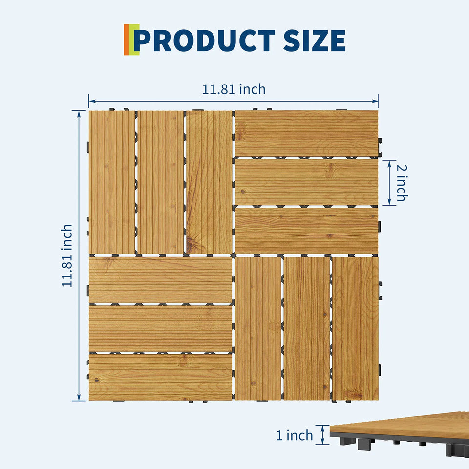 Acacia Wood Connected Deck Tiles for Patio & Outdoor Decor, 12"x12" Firm Weatherproof Non-Slip Wooden Flooring, 22/33 Panels