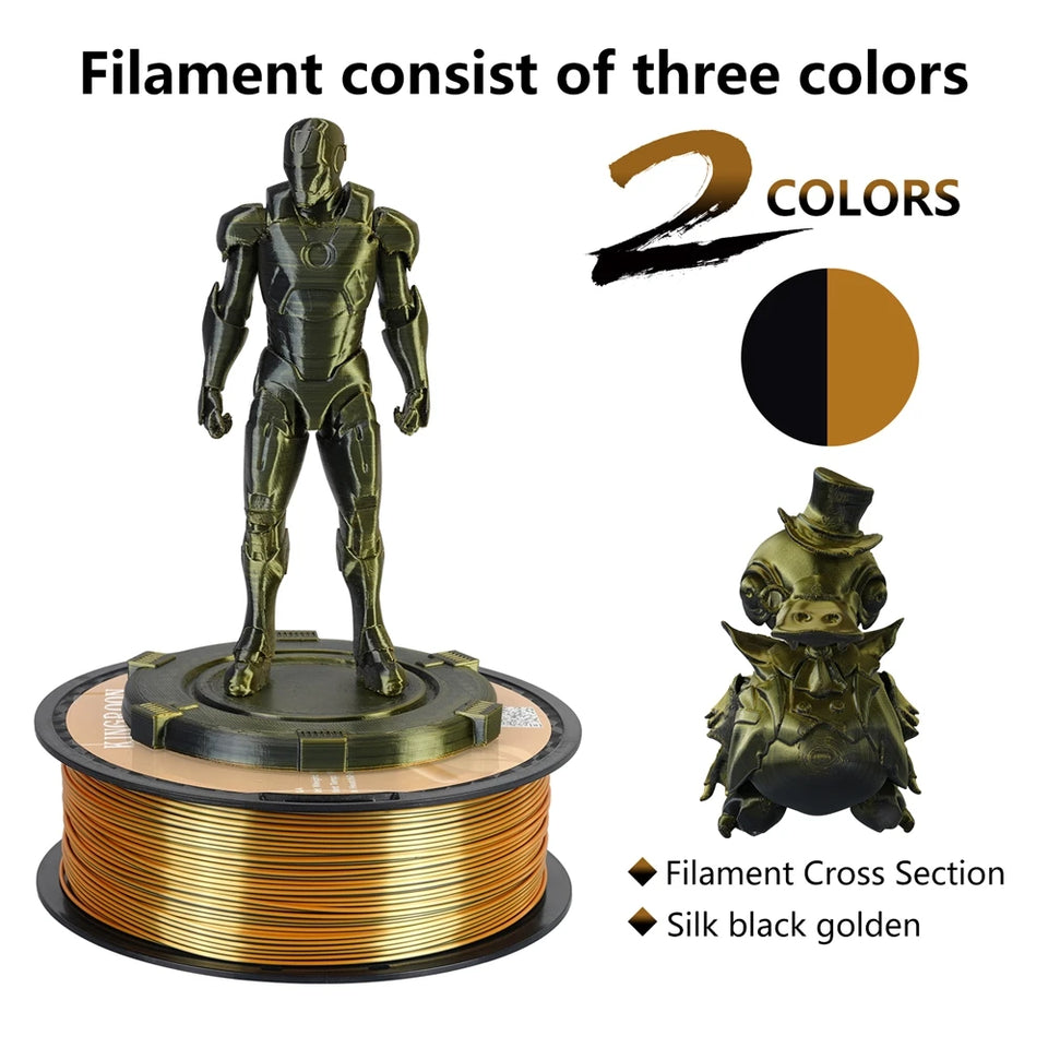 KINGROON Dual-color Silk PLA Filament 1.75mm 2 Color Coextrusion Glossy 3D Printer Filament PLA, 3kg/pack 1kg each spool