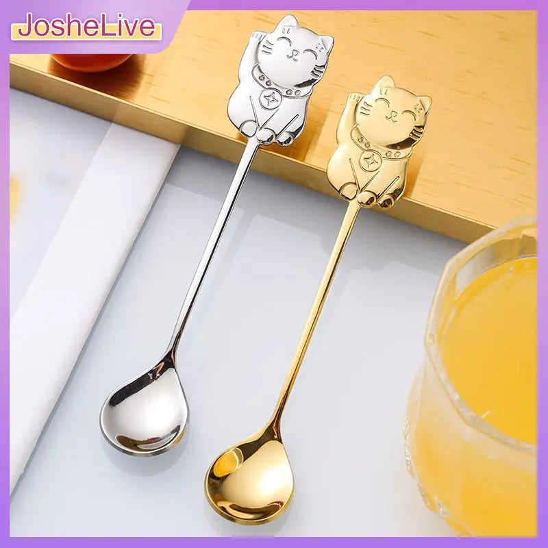 Stainless Steel Coffee Spoon Cute Lucky Cat Shape Teaspoon Dessert Snack Scoop Ice Cream Mini Spoons Tableware Kitchen Tools