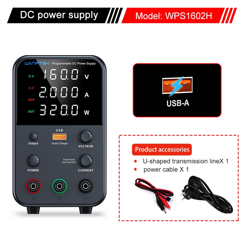 Wanptek Adjustable DC Power Supply 30V 60V 5A 10A Lab Bench Power Supply USB Interface Fast Charging Preset Voltage and Current