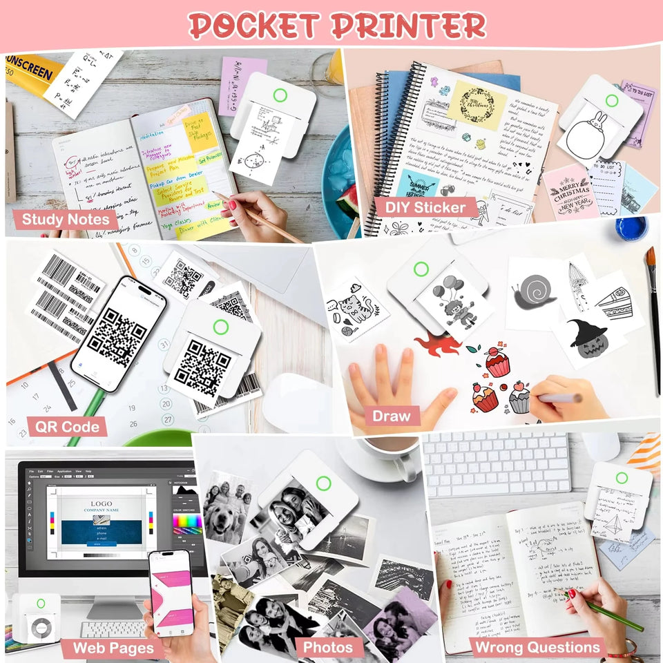 Mini Portable Printer,Thermal Label Maker Printer,For Wireless Bluetooth Photo Memo Stickers Inkless Suitable For Home, Office