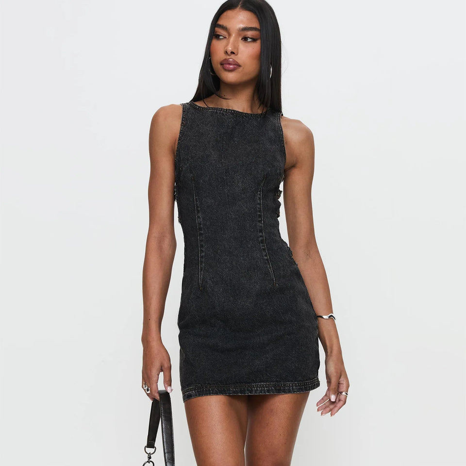 2025 Sexy American Y2K Washed Denim Lace-up Tank Dress Spring New Slim Fit Pencil Mini Skirt Streetwear Chic