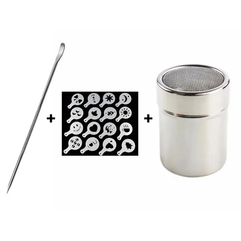1pc Stainless Steel Chocolate Shaker Cocoa Flour Coffee Sifter Or 16Pcs Coffee Stencils Template Strew Pad Duster Spray Tools